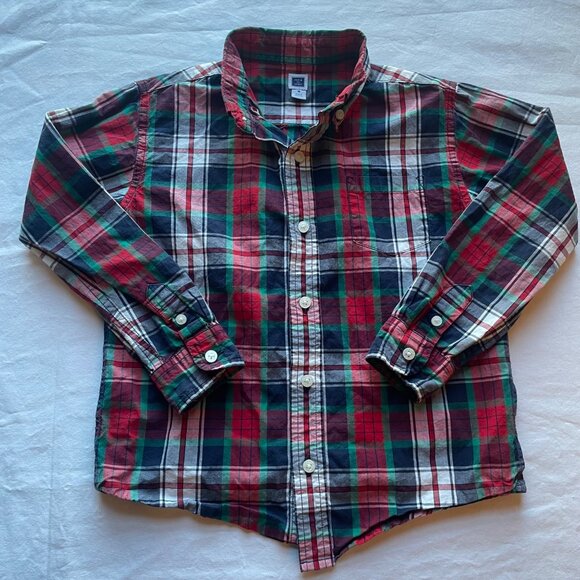 Boys Red & Green Plaid Button-Up Shirt By Janie And Jack Size 5 100% Cotton - Picture 2 of 5